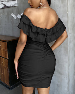 Off Shoulder Ruched Ruffles Bodycon Dress